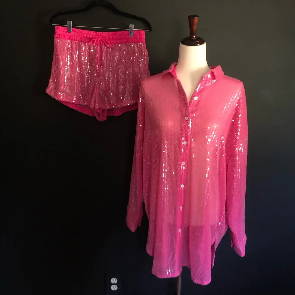 Victoria’s Secret Swim Sequin Forever Pink Boyfriend Shirt Dress and Shorts Set